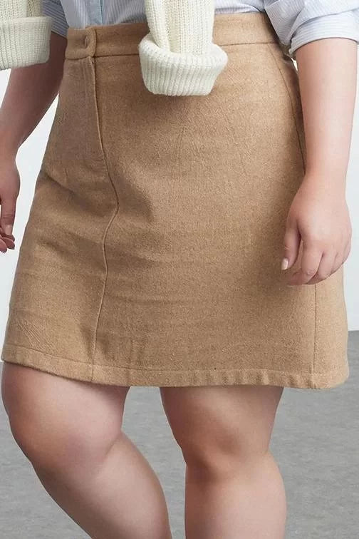 Modern Style Plus Size Unlined Woven Mini Length Buttoned Zippered Mini Woven Cashmere Thick Skirt