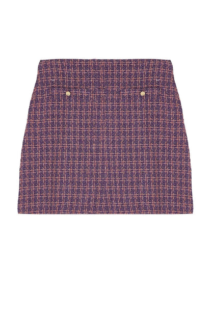 Modern Style Plus Size Unlined Woven Mini Length Gold Buttoned Plaid Tweed Mini Woven Skirt