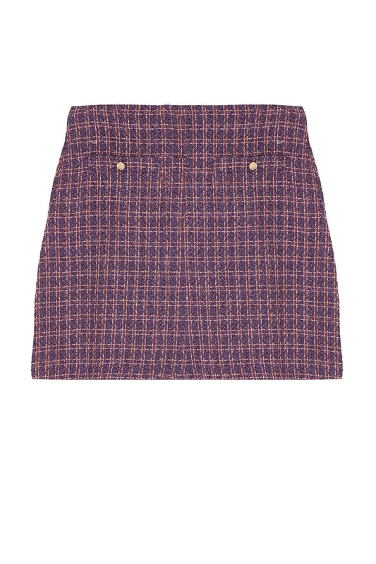 Modern Style Plus Size Unlined Woven Mini Length Gold Buttoned Plaid Tweed Mini Woven Skirt