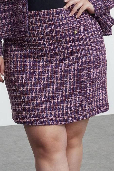 Modern Style Plus Size Unlined Woven Mini Length Gold Buttoned Plaid Tweed Mini Woven Skirt