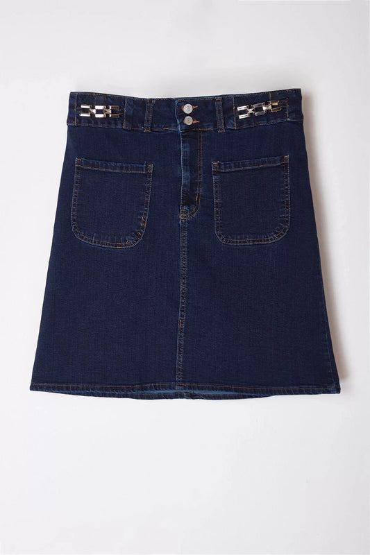 Modern Style Plus Size Unlined Denim Mini Length Denim Skirt with Aksaur Detail