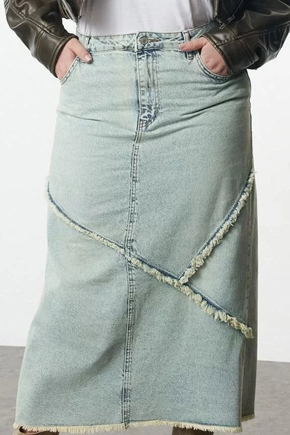 Modern Style Plus Size Unlined Denim Maxi Length Slit Denim Skirt