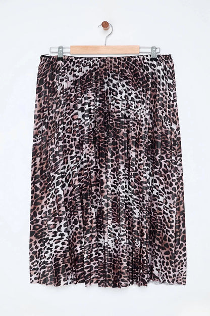 Modern Style Plus Size Unlined Woven Midi Length Elastic Waist Leopard Pattern Pleated Skirt