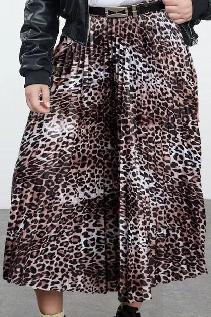 Modern Style Plus Size Unlined Woven Midi Length Elastic Waist Leopard Pattern Pleated Skirt