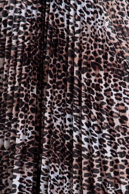 Modern Style Plus Size Unlined Woven Midi Length Elastic Waist Leopard Pattern Pleated Skirt