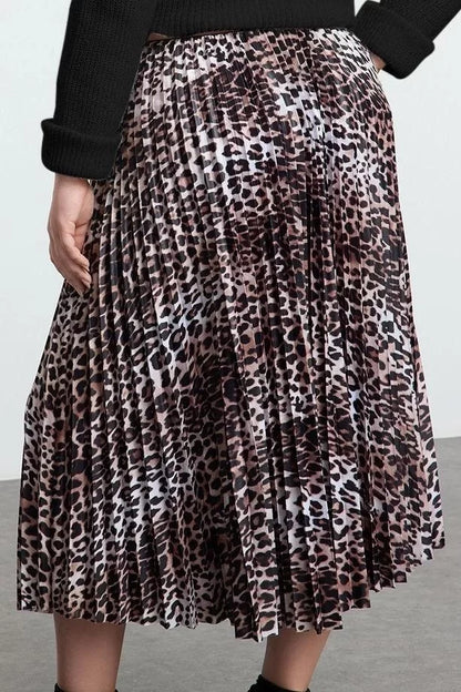 Modern Style Plus Size Unlined Woven Midi Length Elastic Waist Leopard Pattern Pleated Skirt