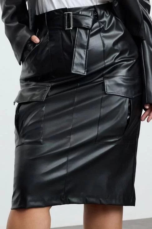 Modern Style Plus Size Unlined Woven Midi Length Faux Leather Pocket Woven Skirt