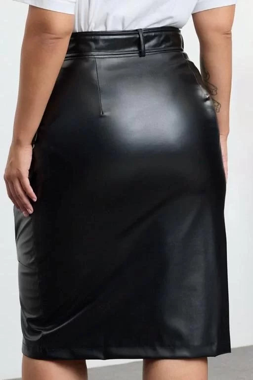 Modern Style Plus Size Unlined Woven Midi Length Faux Leather Pocket Woven Skirt