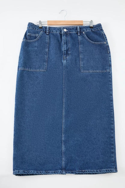 Modern Style Plus Size Unlined Denim Midi Length More Sustainable Pocket Detailed Midi Denim Skirt