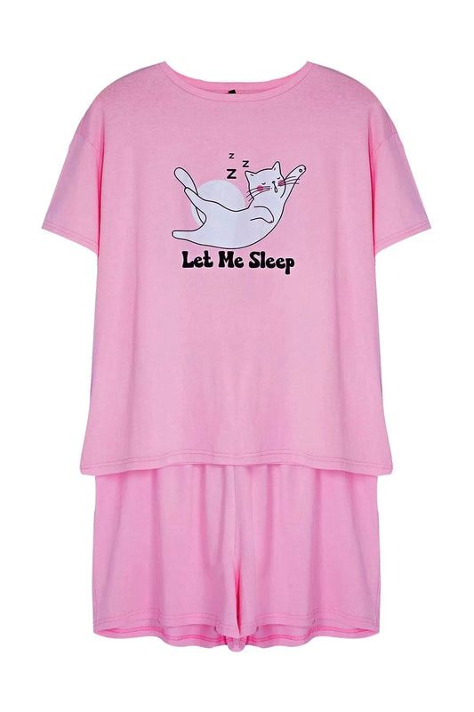 Stylish Comfortable Plus Size Long Sleeve Tube Top Pink Cat Printed Knitted Pajama Set