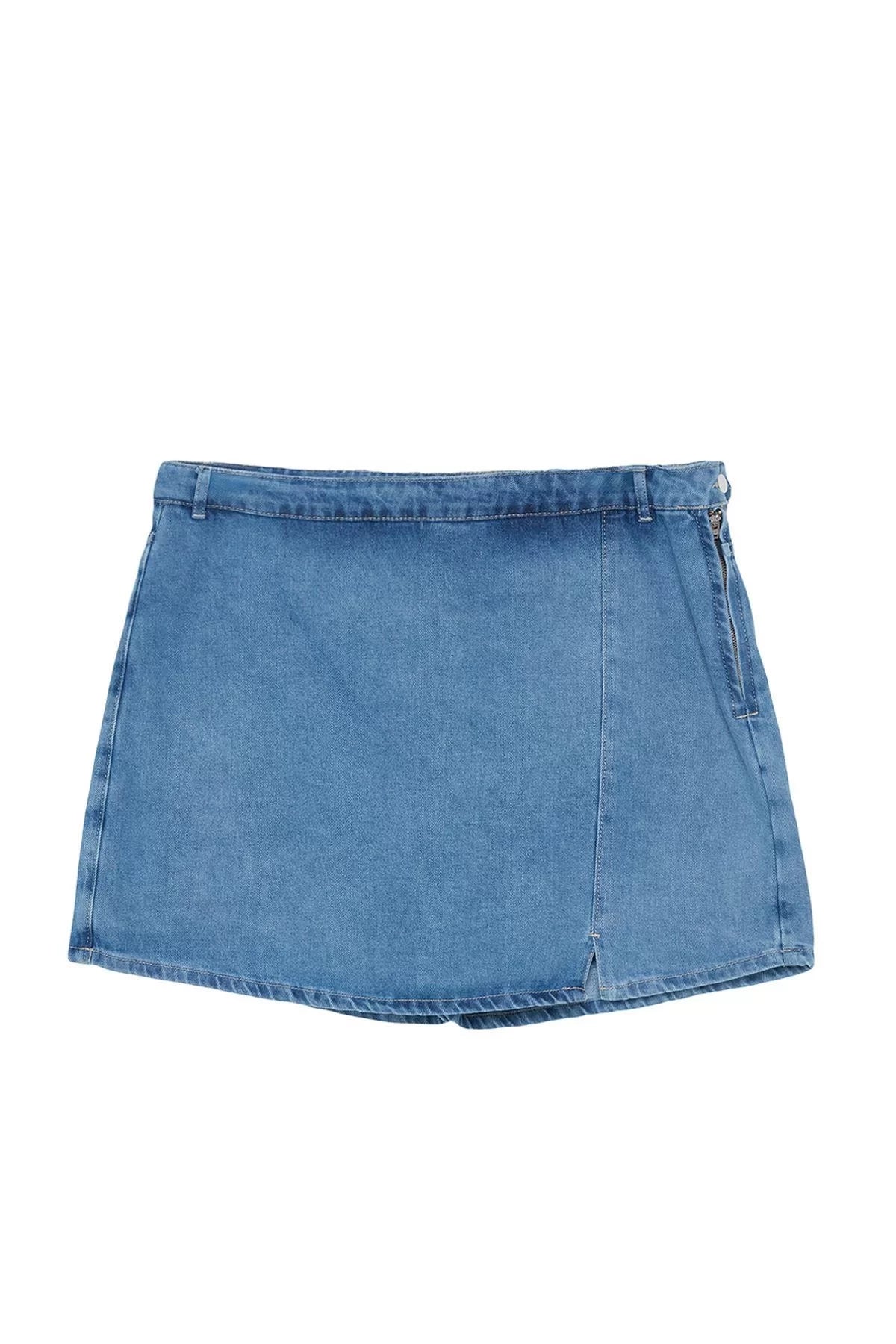 Plus Size Fashion Denim High Waist Wide Leg Casual Blue Slit Shorts Skirt