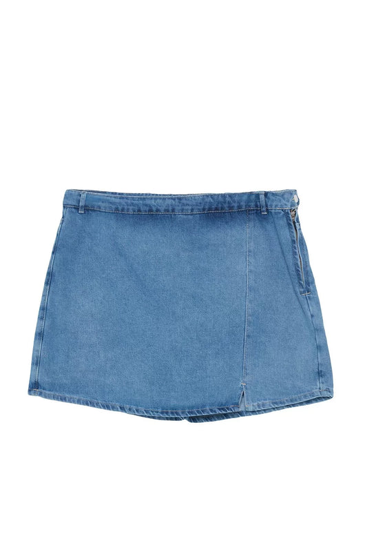 Plus Size Fashion Denim High Waist Wide Leg Casual Blue Slit Shorts Skirt