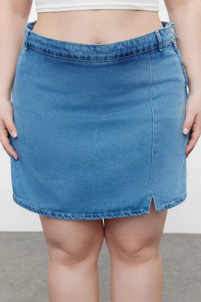 Plus Size Fashion Denim High Waist Wide Leg Casual Blue Slit Shorts Skirt