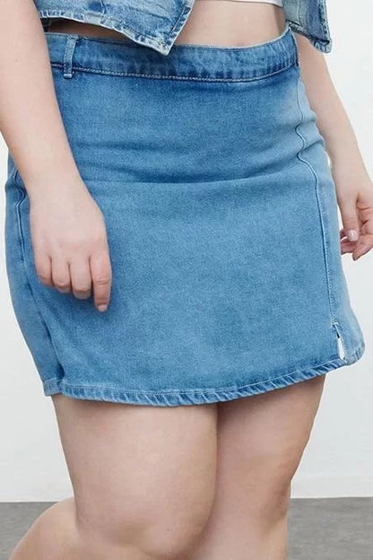 Plus Size Fashion Denim High Waist Wide Leg Casual Blue Slit Shorts Skirt