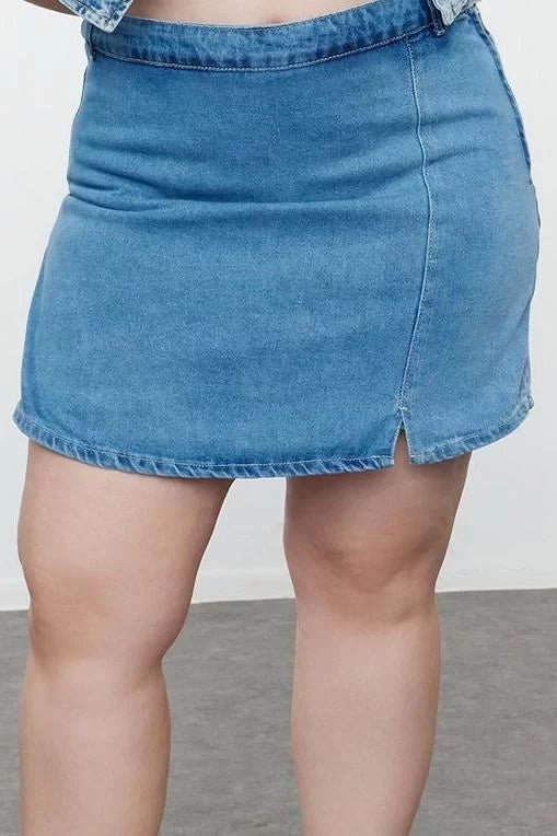 Plus Size Fashion Denim High Waist Wide Leg Casual Blue Slit Shorts Skirt