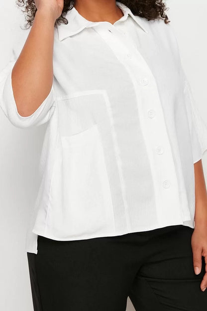 Fashion Women's Plus Size Shirt Collar Plain Pattern Casual Woven Shirt