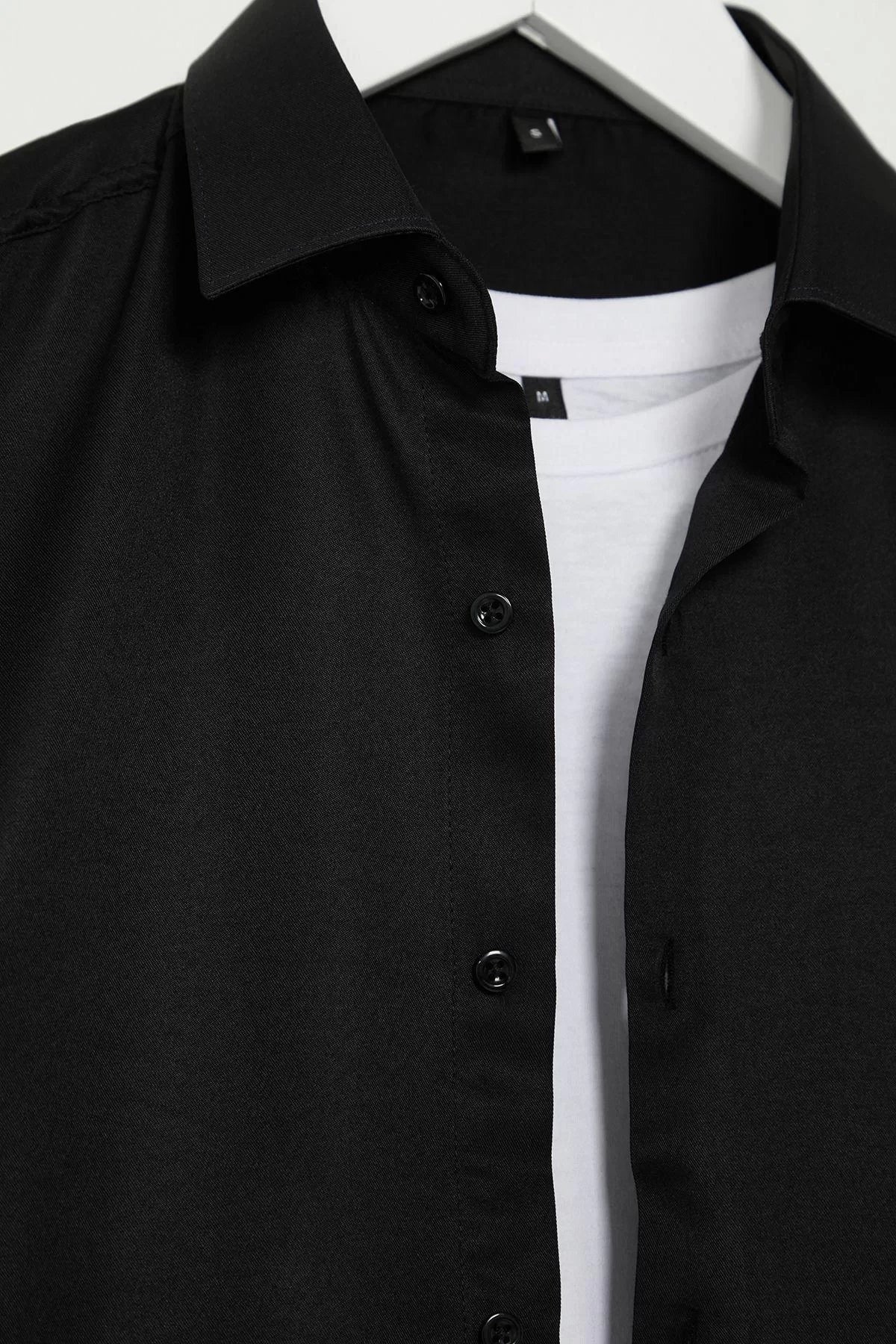 Stylish Plain Pattern Shirt Collar Slim Fit Easy Iron Shiny Fabric Men's Shirt