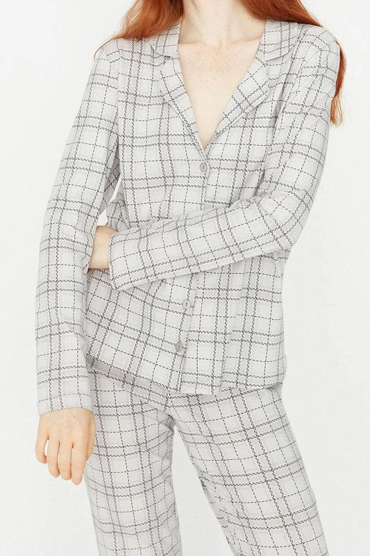 Stylish Comfortable Long Sleeve Tube Leg 100% Cotton Plaid Knitted Pajama Set