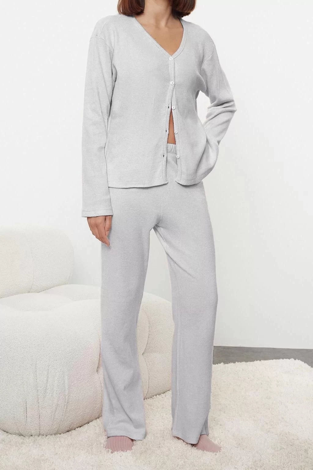 Stylish Comfortable Long Sleeve Tube Leg Brushed Soft Ribbed Cardigan Knitted Pajama Set