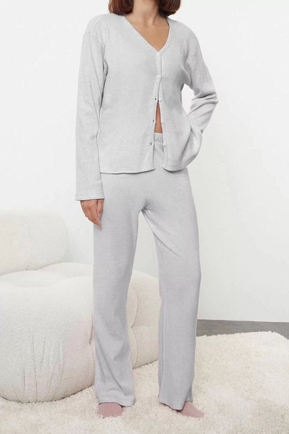 Stylish Comfortable Long Sleeve Tube Leg Brushed Soft Ribbed Cardigan Knitted Pajama Set