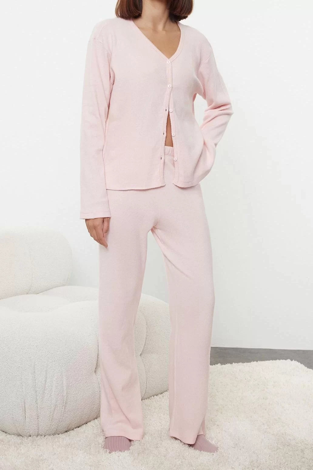 Stylish Comfortable Long Sleeve Tube Leg Brushed Soft Ribbed Cardigan Knitted Pajama Set