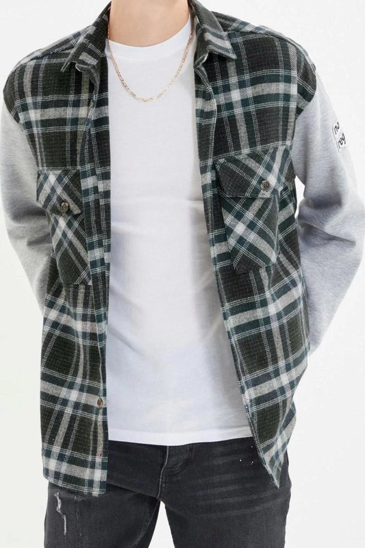 Stylish Plaid Shirt Collar Oversize Knitted Sleeves Double Pocket Flap Winter Checkered Lumberjack Jacket Shirt