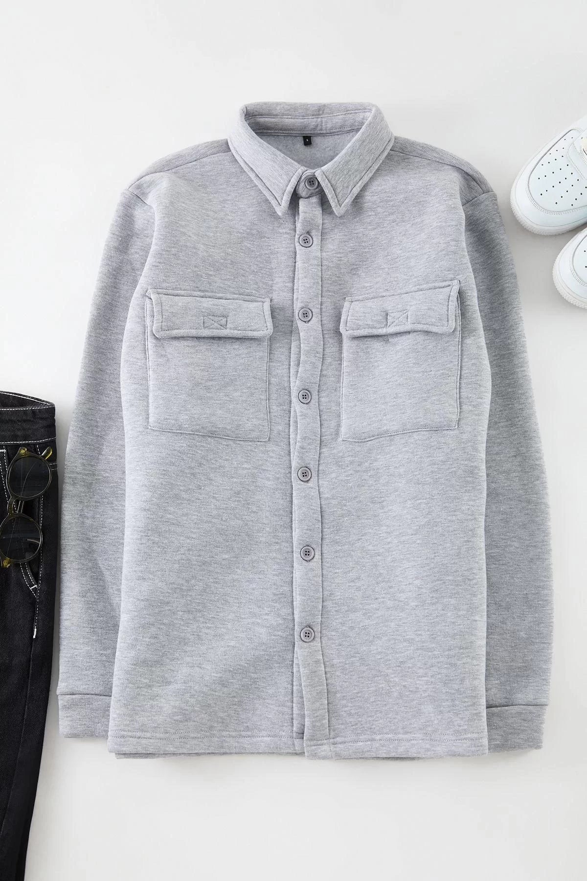 Stylish Plain Pattern Shirt Collar Gray Regular Cut Shirt Collar Flap Pocket Polar Fleece Shirt