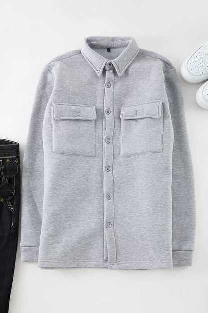 Stylish Plain Pattern Shirt Collar Gray Regular Cut Shirt Collar Flap Pocket Polar Fleece Shirt