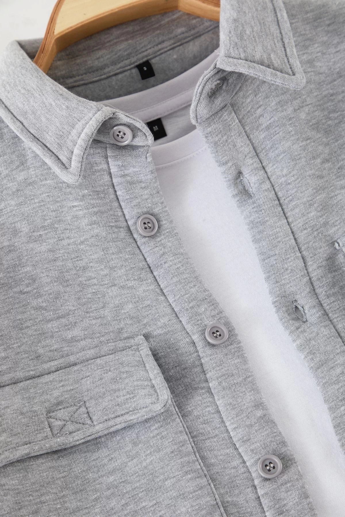 Stylish Plain Pattern Shirt Collar Gray Regular Cut Shirt Collar Flap Pocket Polar Fleece Shirt