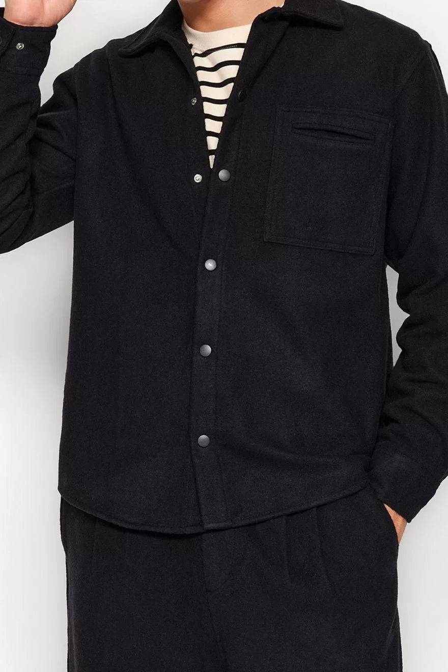 Stylish Plain Pattern Shirt Collar Relaxed Fit Cashmere Snap Closure Winter Textured Jacket Shirt