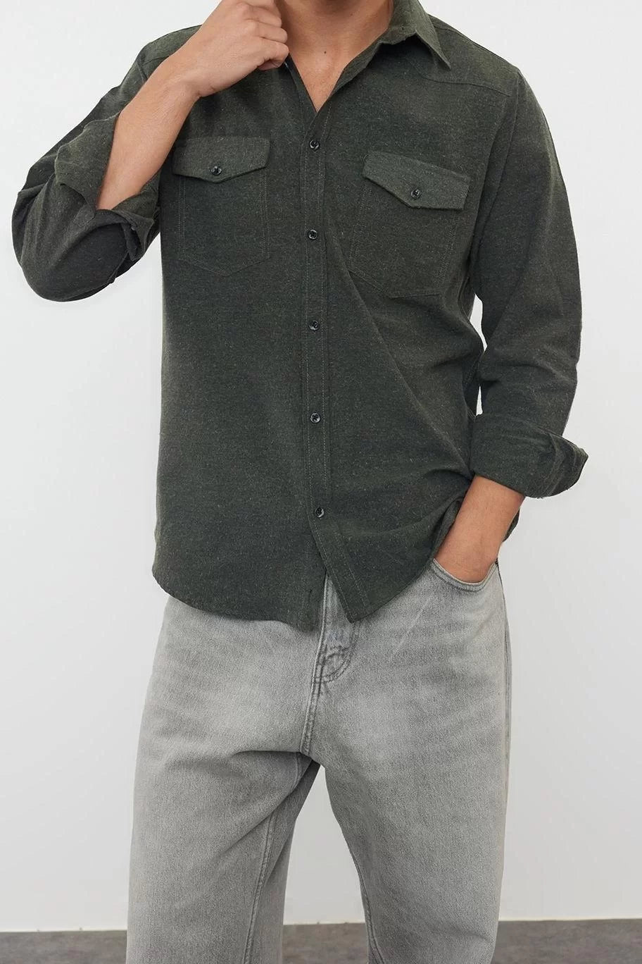 Stylish Plain Pattern Shirt Collar Regular Fit Pocket Flannel Winter Lumberjack Jacket Shirt