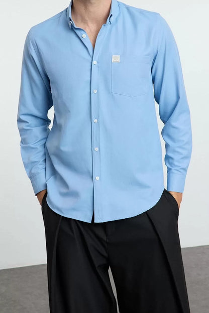 Stylish Plain Pattern Shirt Collar Regular Fit Label Detailed Chambray Easy Ironable Shirt