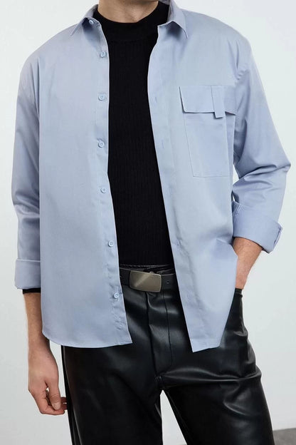 Stylish Plain Pattern Shirt Collar Limited Edition Oversize Fit Pocket Detailed 100% Cotton Shirt