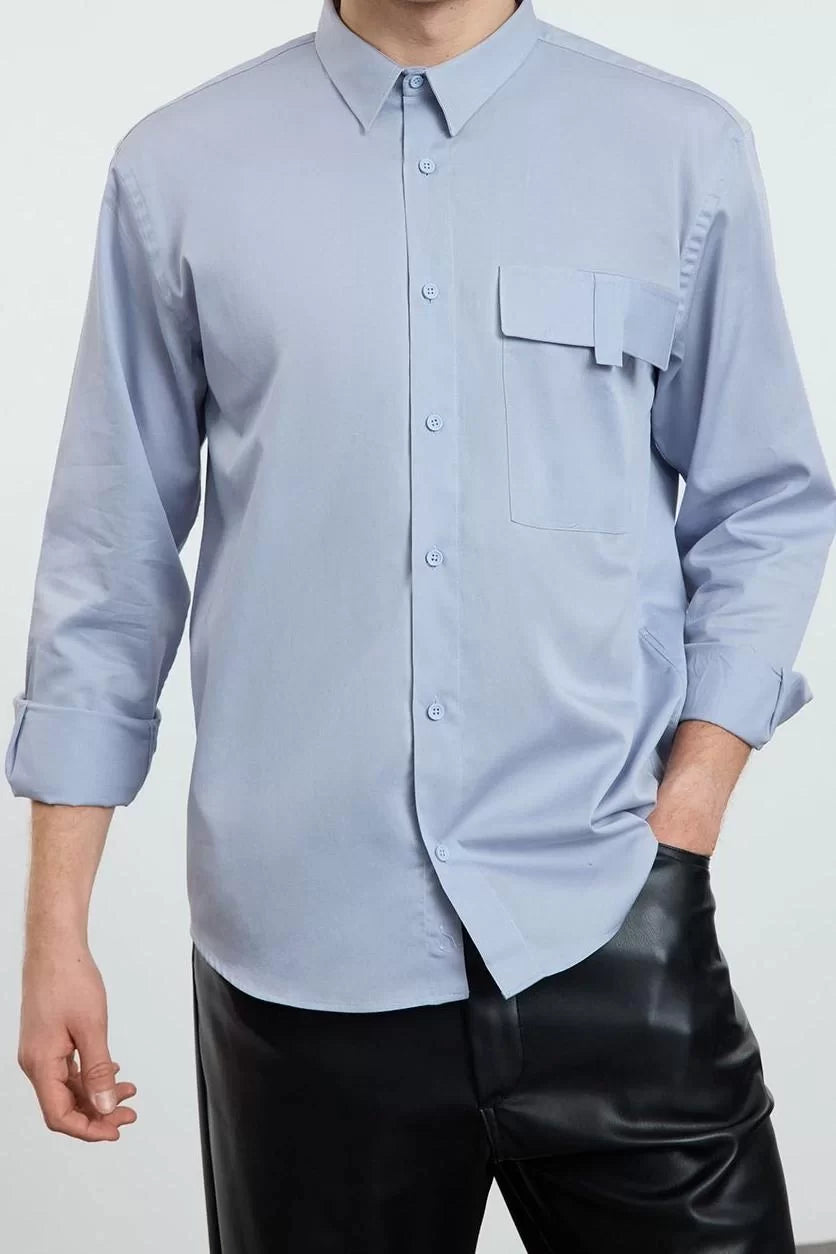 Stylish Plain Pattern Shirt Collar Limited Edition Oversize Fit Pocket Detailed 100% Cotton Shirt