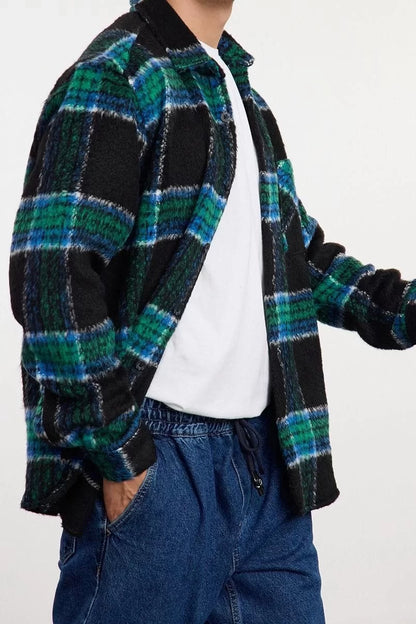 Stylish Plaid Checkered Pattern Shirt Collar Unisex Oversize Fit Winter Plaid Lumberjack Shirt Jacket