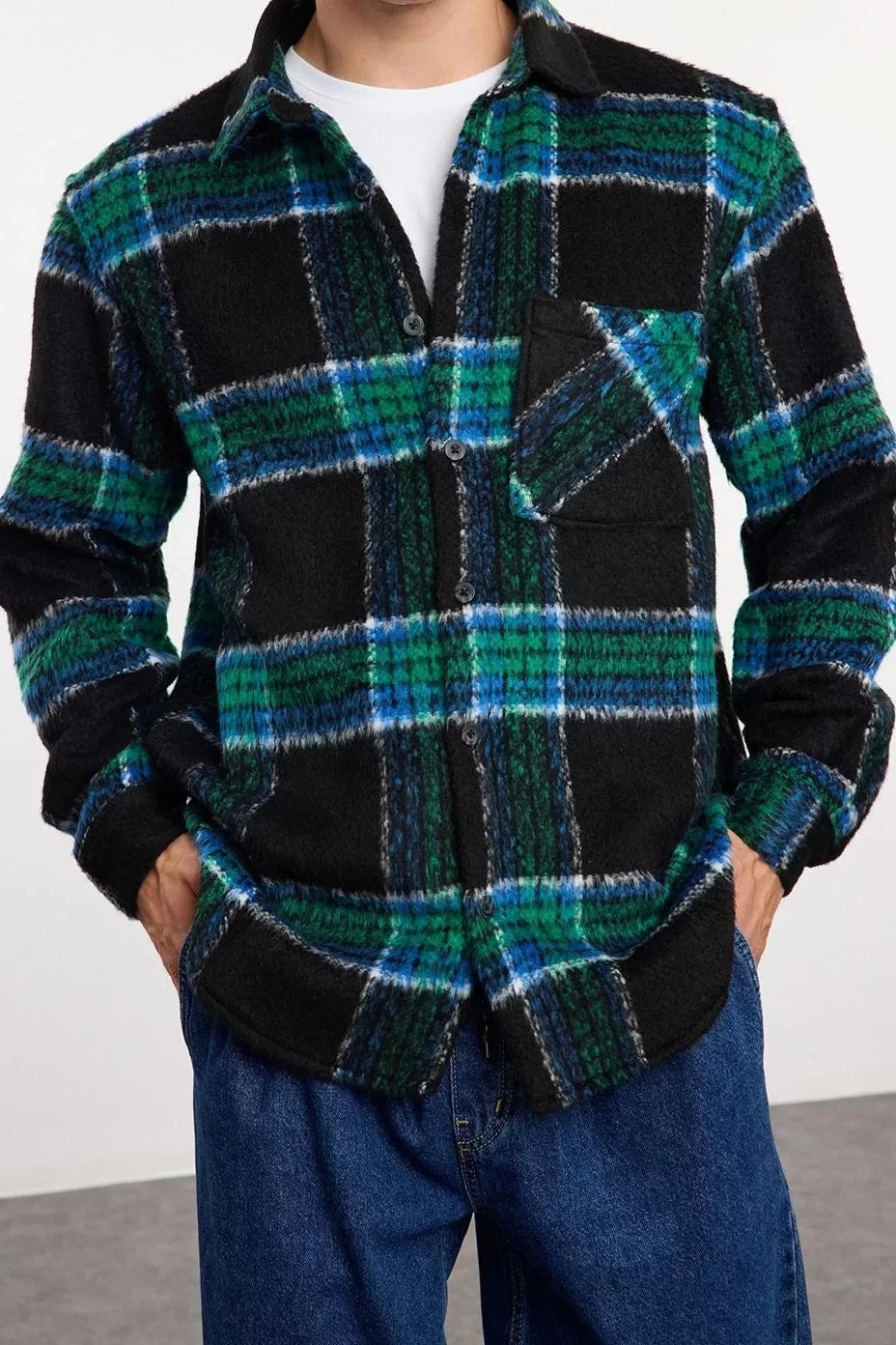 Stylish Plaid Checkered Pattern Shirt Collar Unisex Oversize Fit Winter Plaid Lumberjack Shirt Jacket