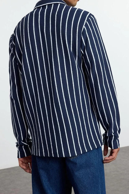 Stylish Striped Pattern Shirt Collar Regular Fit Fake Knitwear Winter Shirt