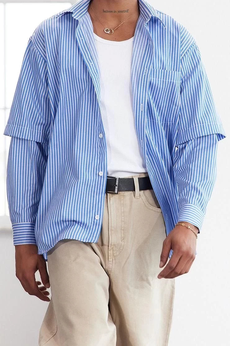 Stylish Striped Pattern Shirt Collar Limited Edition Relaxed Fit Pull-On Sleeve Shirt