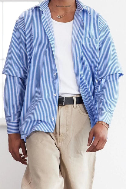 Stylish Striped Pattern Shirt Collar Limited Edition Relaxed Fit Pull-On Sleeve Shirt