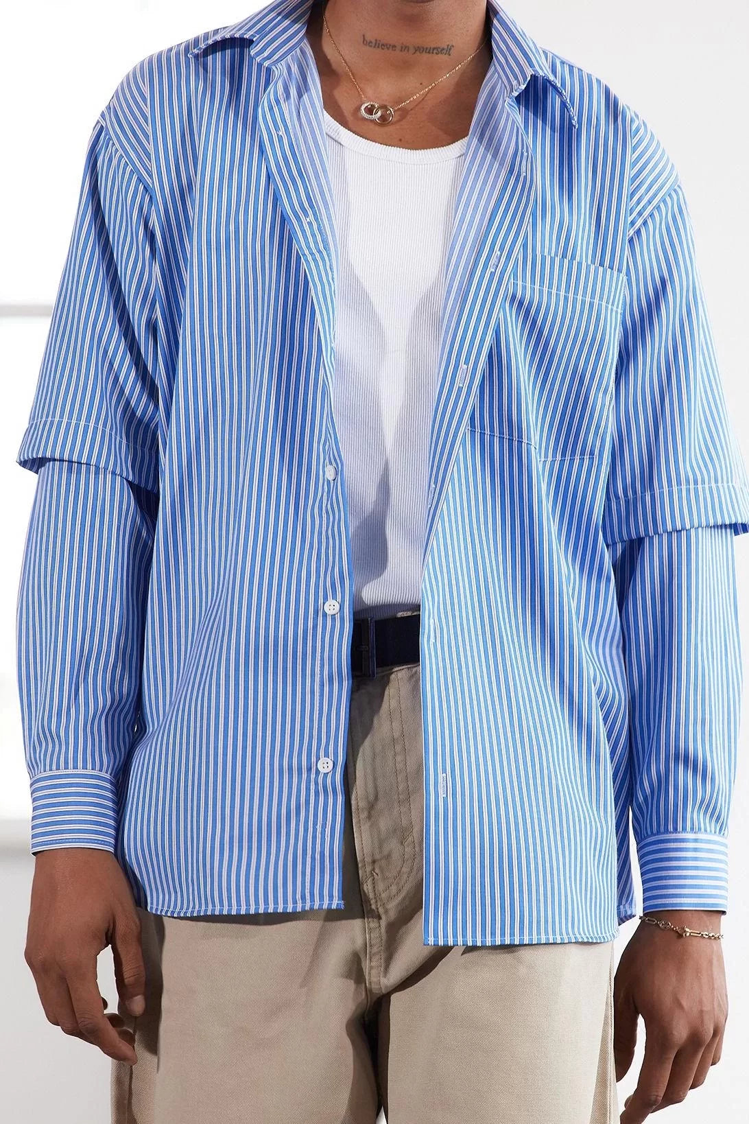 Stylish Striped Pattern Shirt Collar Limited Edition Relaxed Fit Pull-On Sleeve Shirt