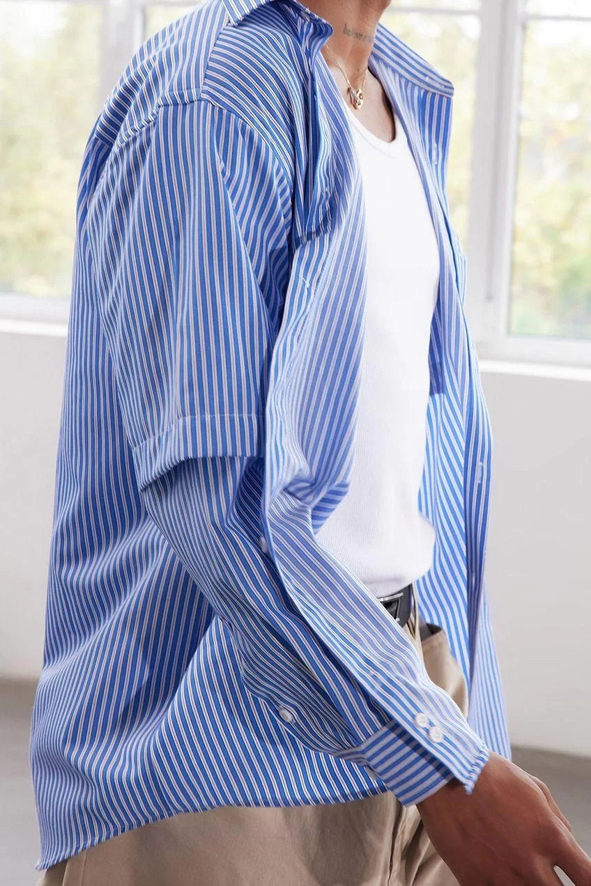 Stylish Striped Pattern Shirt Collar Limited Edition Relaxed Fit Pull-On Sleeve Shirt