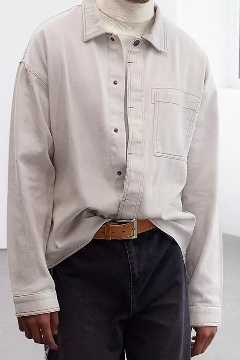 Stylish Plain Pattern Shirt Collar Limited Edition Oversize Fit Gabardine Shirt Jacket