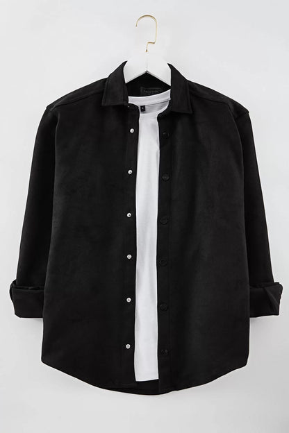 Stylish Plain Pattern Shirt Collar Slim Fit Suede Winter Shirt