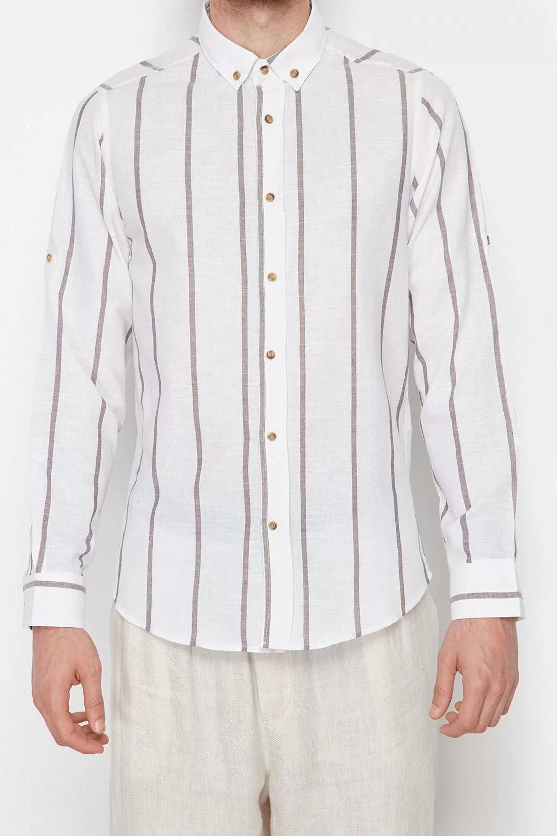 Stylish Striped Pattern Button-down Collar Slim Fit Button-down Collar Epaulette Striped Shirt