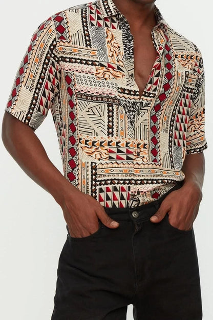 Stylish Ethnic Patterned Shirt Collar Regular Fit Open Collar 100% Viscose Short Sleeve Summer Ethnic Shirt