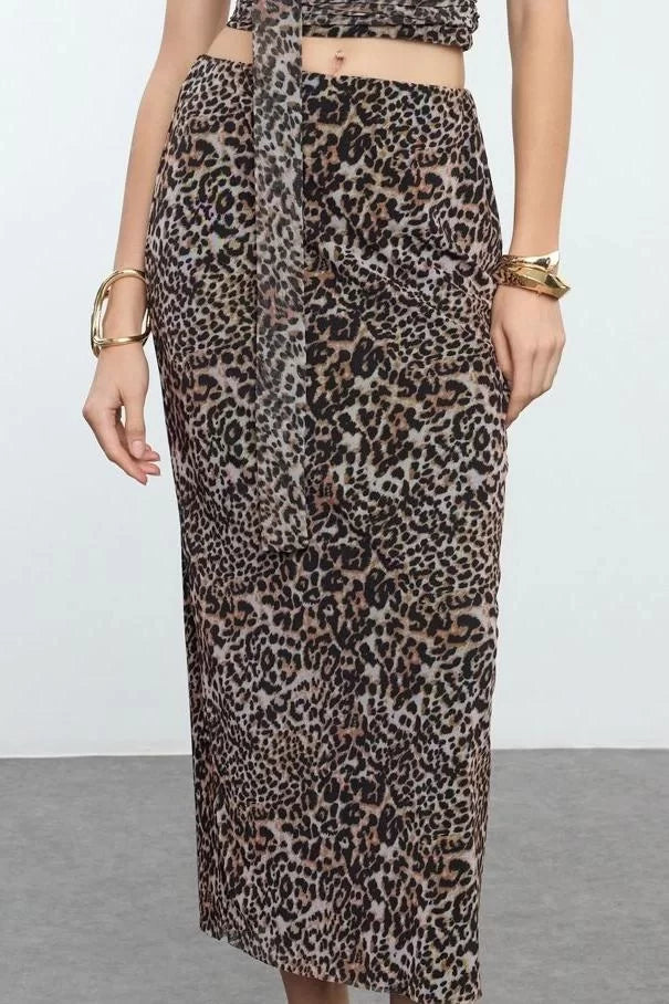 Modern Style Lined Knitted Midi Length Leopard Patterned Body-Smoothing Tulle Knitted Skirt