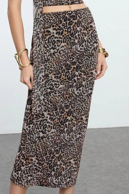 Modern Style Lined Knitted Midi Length Leopard Patterned Body-Smoothing Tulle Knitted Skirt