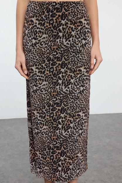 Modern Style Lined Knitted Midi Length Leopard Patterned Body-Smoothing Tulle Knitted Skirt