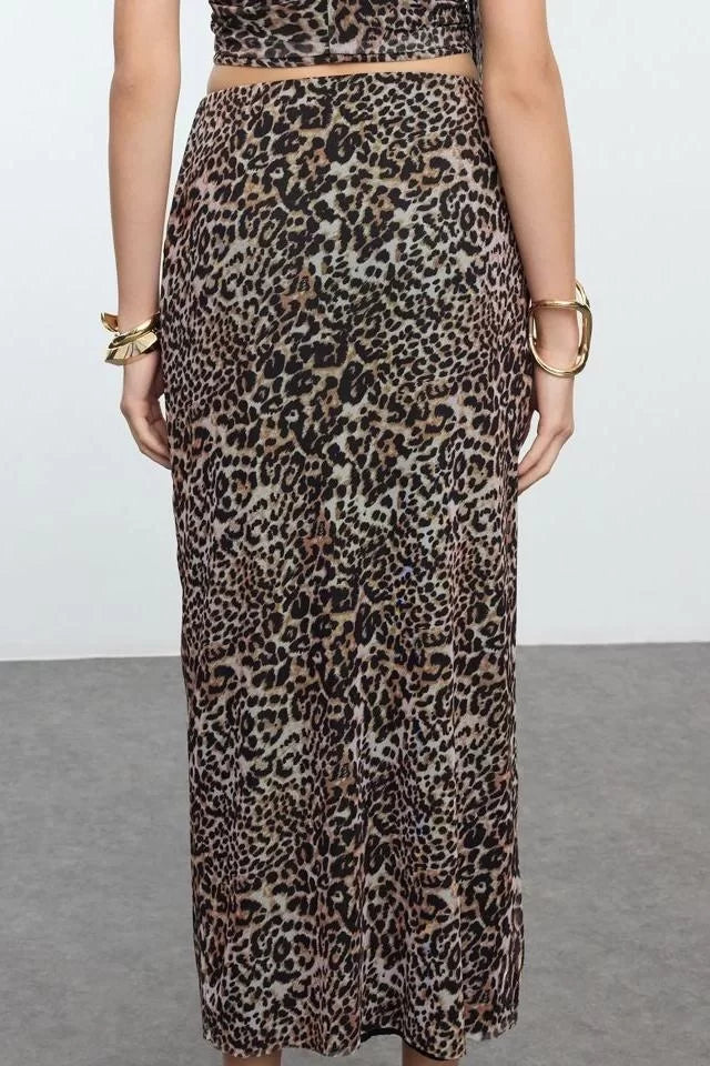 Modern Style Lined Knitted Midi Length Leopard Patterned Body-Smoothing Tulle Knitted Skirt