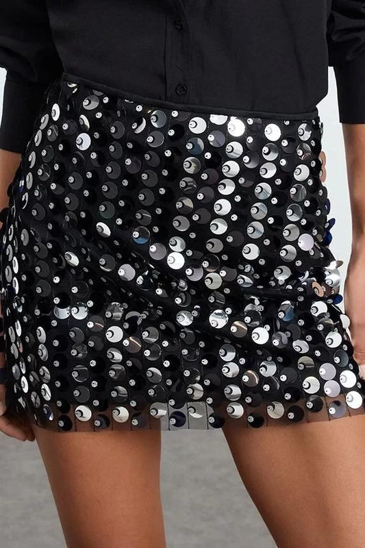 Modern Style Lined Knitted Mini Length Large Sequined Knitted Mini Skirt